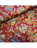 Tissu, Cretonne de Coton Japonisante Fleurs Papillons Dorures, Rouge Wasabi, Laize 140 cm, 100% Coton