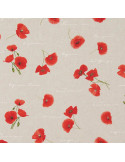 Tissu, Demi-natté Aspect Lin Imprimé Coquelicots, Écru Rouge Vert, Laize 140 cm, 80% Coton 20% Polyester 205g/m²