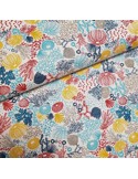 Tissu, Cretonne de Coton Motif Corail, Corail sur Blanc, Laize 160 cm, 100% Coton