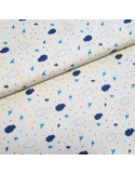 Tissu, Piqué de Coton, Oiseaux et Nuages sur Blanc, Laize 150 cm, 100% Coton