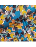 Tissu, Jersey de Viscose Fleuri, Fond Bleu, Laize 140 cm, Viscose Stretch