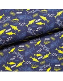 Tissu, Jersey de Coton Imprimé Requins, Bleu Marine Awesome Shark, Laize 150 cm, Coton Stretch Oeko-Tex