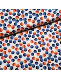Tissu, Viscose Imprimé Balles, Rouge Bleu Écru, Laize 142 cm, 100% Viscose 122g/m²