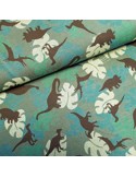 Tissu, Jersey de Coton Imprimé Dinosaures, Vert Kaki, Laize 150 cm, Coton Stretch Oeko-Tex