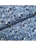 Tissu, Sweat Imprimé Ours Chasseur, Bleu Jeans, Laize 150 cm, 95% Coton Bio 5% Spandex Oeko-Tex