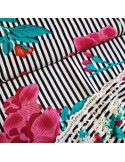 Tissu, Viscose Fleuri Brodée Rayures, Blanc et Noir Multicolore, Laize 150 cm, 100% Viscose