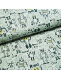 Tissu, French Terry Imprimé Robots, Vert Olive, Laize 155 cm, Coton Stretch Oeko-Tex