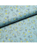 Tissu, Jersey de Coton Imprimé Dinosaures, Bleu Gris Chiné, Laize 145 cm, Coton Stretch Oeko-Tex