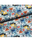 Tissu, Jersey de Coton Imprimé Véhicules, Bleu Ciel 