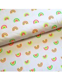 Tissu, Jersey de Coton Imprimé Arcs-en-ciel Fluo, Blanc Lumineux, Laize 150 cm, Coton Stretch Oeko-Tex
