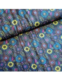 Tissu, Jersey de Coton Imprimé Feuilles et Cercles, Bleu Marine, Laize 150 cm, Coton Bio Stretch Oeko-Tex