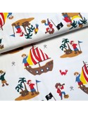 Tissu, Jersey de Coton Imprimé Pirates, Fond Blanc, Laize 150 cm, Coton Stretch Oeko-Tex