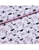 Tissu, Jersey de Coton Imprimé Animaux Dormeurs, Mauve Doux, Laize 150 cm, Coton Stretch Oeko-Tex