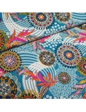 Tissu, Jersey Imprimé Symboles, Bleu Pétrole, Laize 150 cm, Viscose Stretch Oeko-Tex