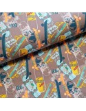 Tissu, Sweat Motif Skateboard, Verts et Marron, Laize 150 cm, Coton Bio Oeko-Tex