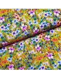 Tissu, Jersey de Viscose Fleuri, Jaune Moutarde, Laize 140 cm, Viscose Stretch Oeko-Tex
