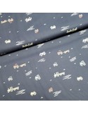 Tissu, Popeline de Coton Imprimée Camions, Bleu Jeans, Laize 150 cm, 100% Coton