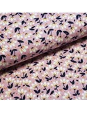 Tissu, Sweat Imprimé Fleurs, Fond Mauve, Laize 150 cm, 95% Coton 5% Spandex