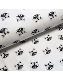 Tissu, Sweat Imprimé Ratons-Laveurs, Fond Blanc, Laize 150 cm, 95% Coton 5% Spandex