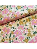 Tissu, Viscose Stretch Fleuri, Beige Rose Vert, Laize 140 cm, 97% Viscose 3% Spandex 198g/m²