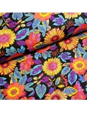 Tissu, Popeline de Coton Fleurie, Multicolore sur Noir, Laize 140 cm, 100% Coton 140g/m²