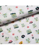 Tissu, Jersey de Coton Imprimé Grenouilles, Blanc Doux & Vert Nature, Laize 150 cm, Coton Stretch Oeko-Tex Bio
