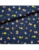 Tissu, Popeline de Coton Fruits Lurex, Bleu Marine, Laize 150 cm, 100% Coton 192g/ml