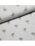 Tissu, Jersey de Coton Imprimé Palmiers, Gris Chiné Tropical, Laize 150 cm, Coton Stretch Oeko-Tex