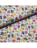 Tissu, Jersey de Coton Imprimé Minions, Minions et Cœurs, Laize 150 cm, Coton Stretch Oeko-Tex