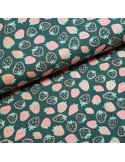 Tissu, Jersey de Coton Imprimé Fraises Brillantes, Vert Printanier, Laize 150 cm, Coton Stretch Oeko-Tex