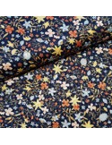 Satin jacquard, fleurs sur fond marine