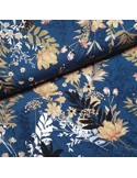 Tissu, Jersey Viscose, Feuilles et Fleurs sur Fond Bleu, Laize 145 cm, 100% Viscose Oeko-Tex