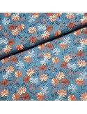 Tissu, Popeline de Coton Fleurie Digitale, Tons Bleus et Rouges, Laize 150 cm, 100% Coton 75g/m²