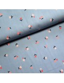 Tissu, Coton Chambray Fleurs et Cœurs, Bleu Gris Chiné, Laize 145 cm, 100% Coton 120g/m²