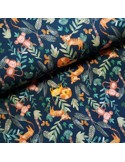 Tissu, Jersey de Coton Imprimé Animaux de la Jungle, Bleu Pétrole, Laize 140 cm, Coton Stretch Oeko-Tex