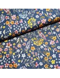 Tissu, Popeline de Coton Fleurie, Bleu Jean et Rose, Laize 140 cm, 100% Coton 161g/m²