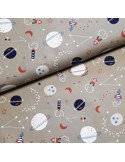 Tissu, Popeline de Coton, Motifs Espace sur Fond Beige, Laize 148 cm, 100% Coton 192.4g/ml