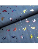 Tissu, Chambray Cœurs et Licornes Pailletées, Bleu Clair, Laize 145 cm, 100% Coton 120g/m²