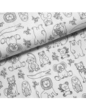 Tissu, Jersey de Coton Imprimé Animaux du Zoo, Fond Blanc, Laize 150 cm, Coton Stretch Oeko-Tex