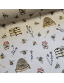 Tissu, Demi-Natté Imprimé Abeilles, Écru, Laize 140 cm, 80% Coton 20% Polyester 205g/m²