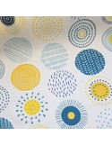 Tissu, Demi-natté Cercles, Bleus et Jaunes sur fond Blanc, Laize 140 cm, 80% Coton 20% Polyester